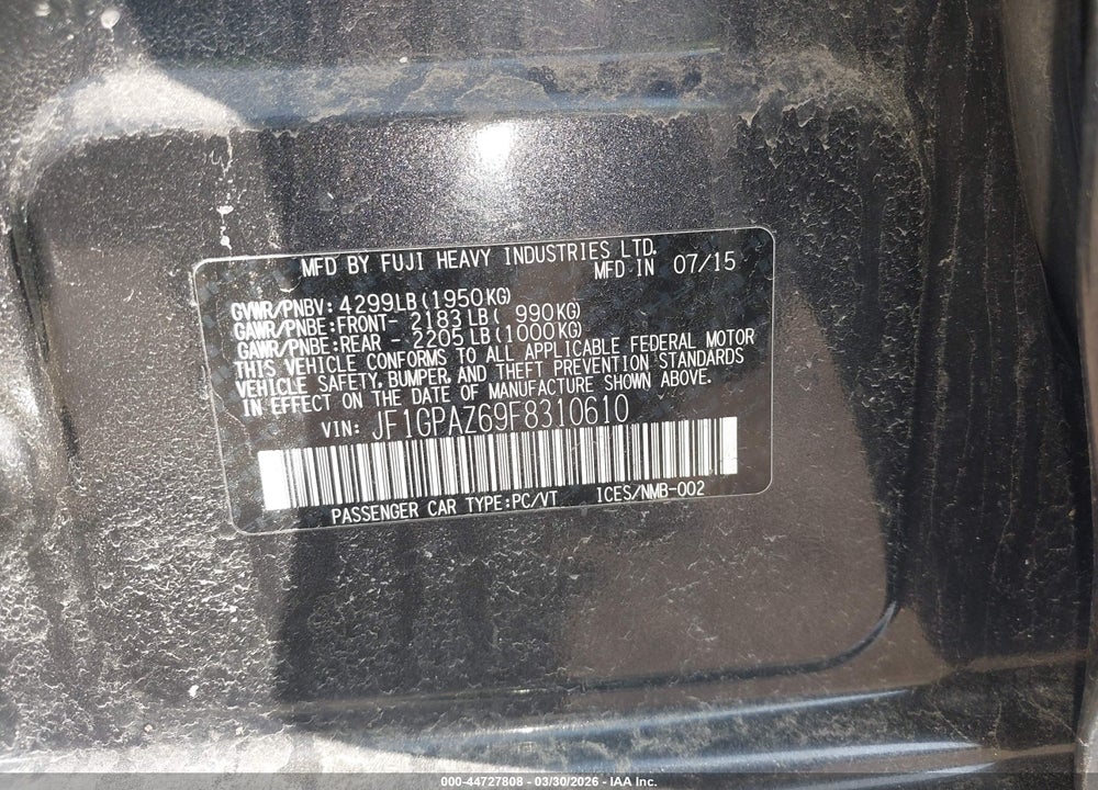 2015 SUBARU IMPREZA 2.0I SPORT LIMITED VIN: JF1GPAZ69F8310610