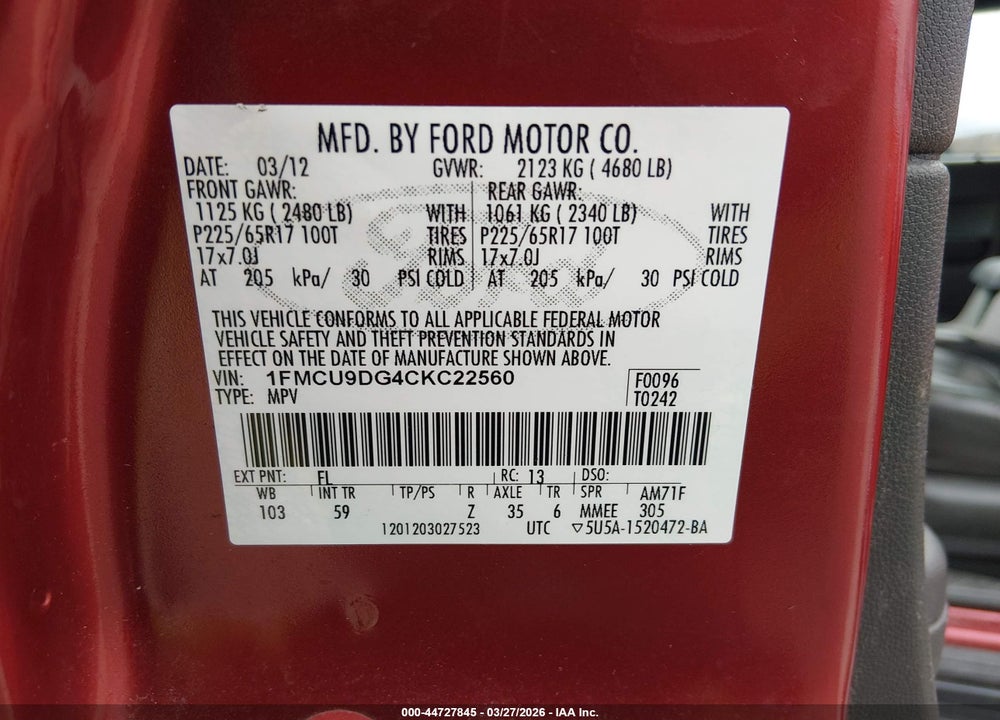 2012 FORD ESCAPE XLT VIN: 1FMCU9DG4CKC22560