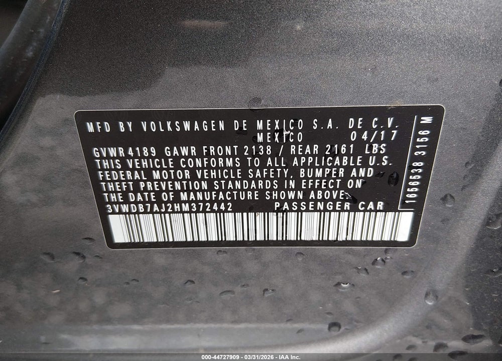 2017 VOLKSWAGEN JETTA 1.4T SE VIN: 3VWDB7AJ2HM372442