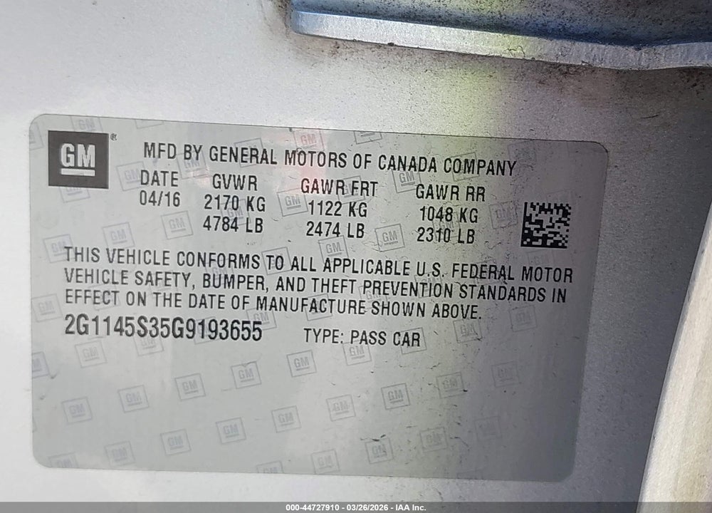 2016 CHEVROLET IMPALA 2LZ VIN: 2G1145S35G9193655