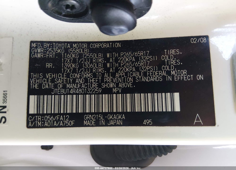 2008 TOYOTA 4RUNNER SR5 V6 VIN: JTEBU14R480132259