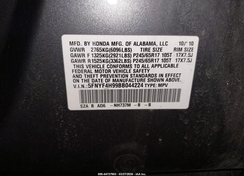 2011 HONDA PILOT TOURING VIN: 5FNYF4H99BB044224
