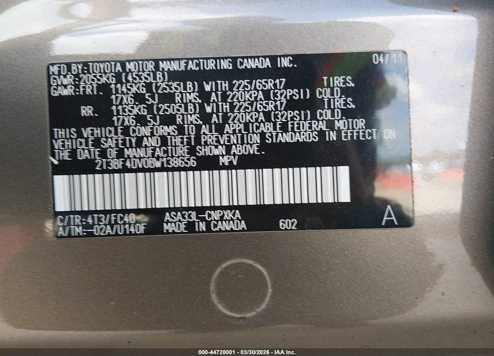 2011 TOYOTA RAV4 VIN: 2T3BF4DV0BW138656