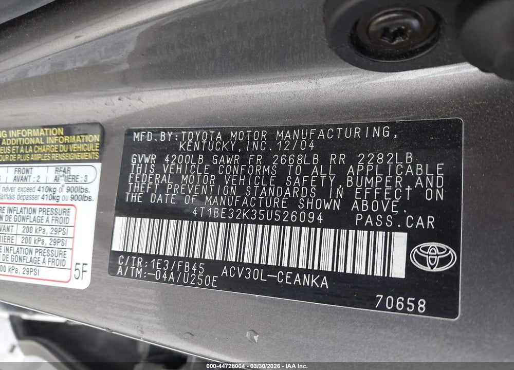 2005 TOYOTA CAMRY LE VIN: 4T1BE32K35U526094