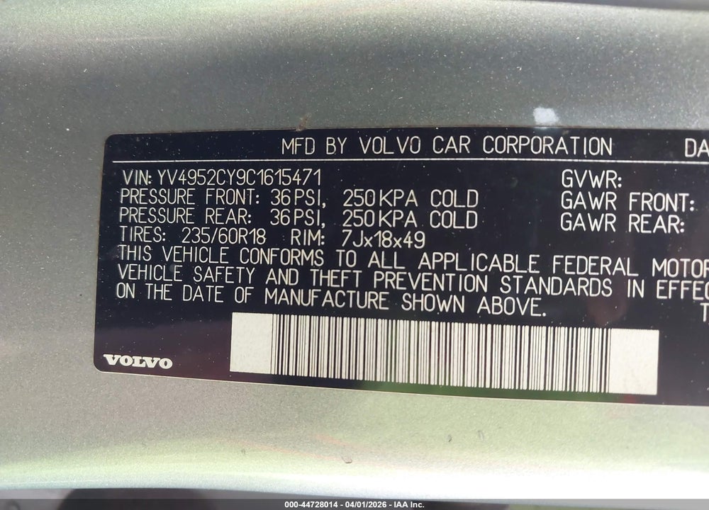 2012 VOLVO XC90 3.2 PLATINUM VIN: YV4952CY9C1615471