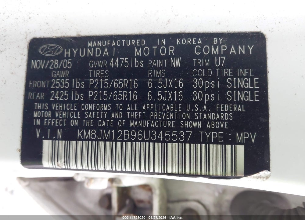 2006 HYUNDAI TUCSON GL VIN: KM8JM12B96U345537