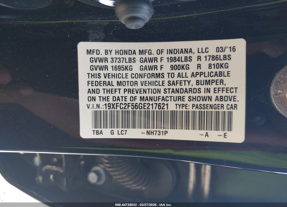 2016 HONDA CIVIC LX VIN: 19XFC2F56GE217621