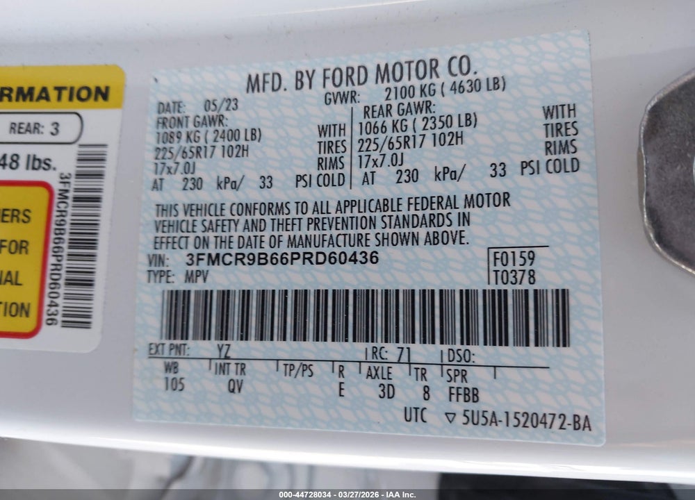 2023 FORD BRONCO SPORT BIG BEND VIN: 3FMCR9B66PRD60436