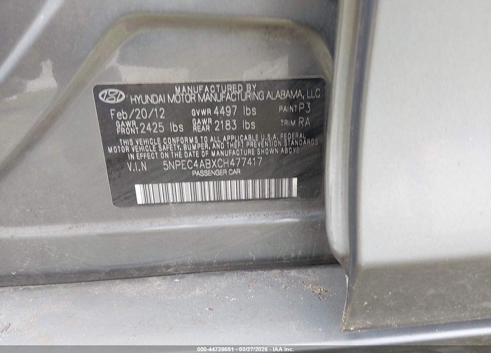 2012 HYUNDAI SONATA SE 2.0T VIN: 5NPEC4ABXCH477417