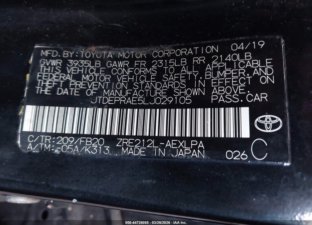 2020 TOYOTA COROLLA LE VIN: JTDEPRAE5LJ029105