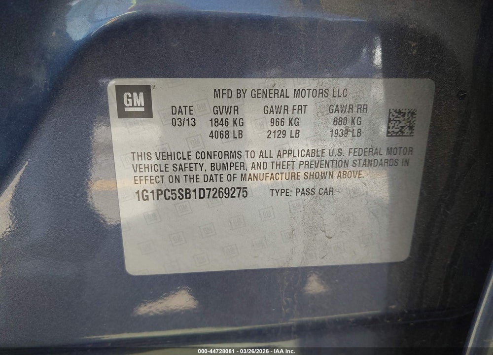 2013 CHEVROLET CRUZE 1LT AUTO VIN: 1G1PC5SB1D7269275