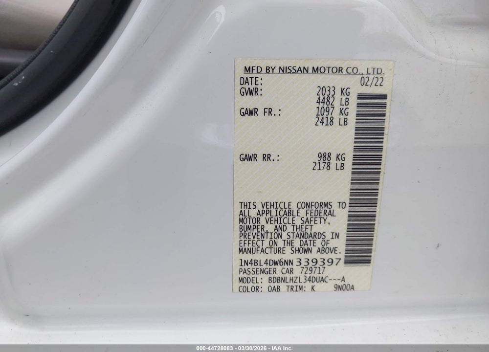 2022 NISSAN ALTIMA SV INTELLIGENT AWD VIN: 1N4BL4DW6NN339397