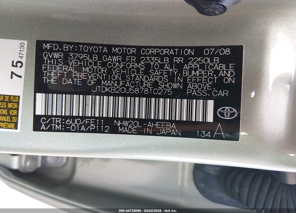 2008 TOYOTA PRIUS VIN: JTDKB20U587810275