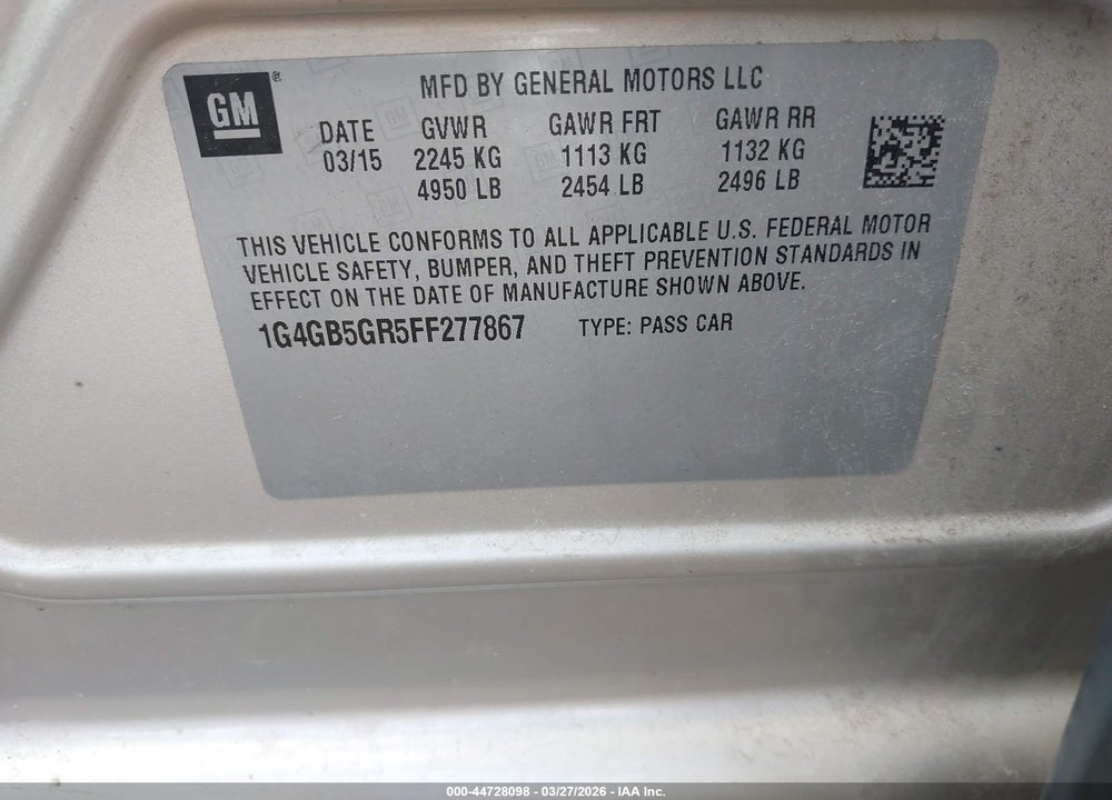 2015 BUICK LACROSSE LEATHER VIN: 1G4GB5GR5FF277867