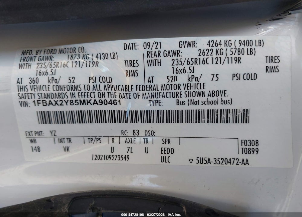 2021 FORD TRANSIT-350 PASSENGER VAN XL VIN: 1FBAX2Y85MKA90461