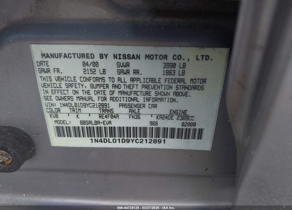 2000 NISSAN ALTIMA GLE/GXE/SE/XE VIN: 1N4DL01D9YC212891