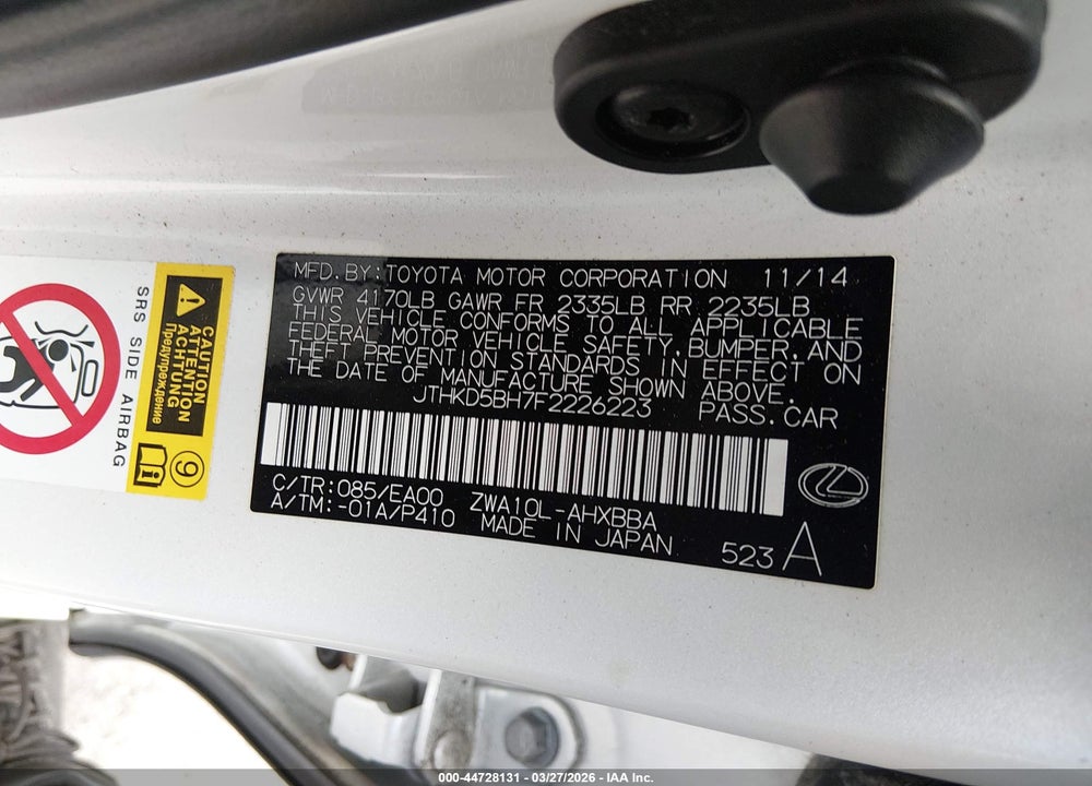 2015 LEXUS CT 200H VIN: JTHKD5BH7F2226223