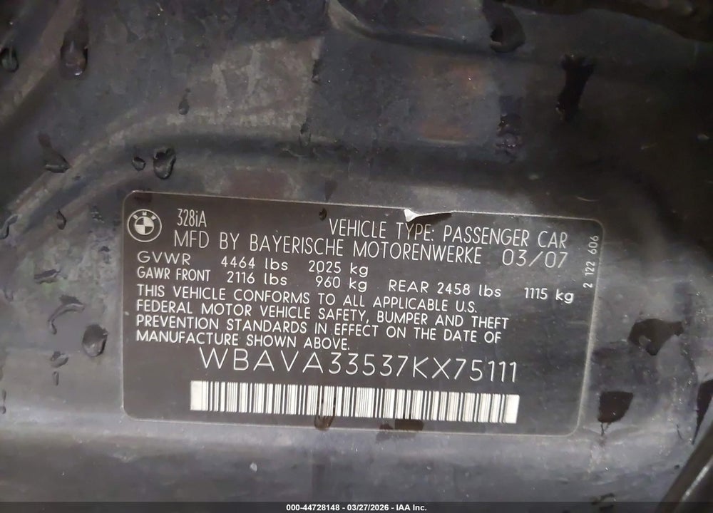 2007 BMW 328I VIN: WBAVA33537KX75111