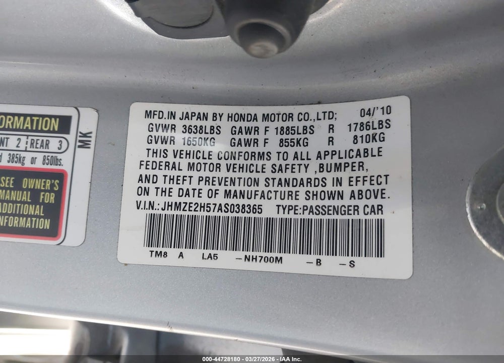 2010 HONDA INSIGHT LX VIN: JHMZE2H57AS038365