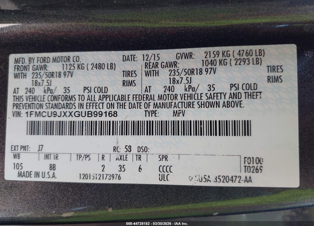 2016 FORD ESCAPE TITANIUM VIN: 1FMCU9JXXGUB99168