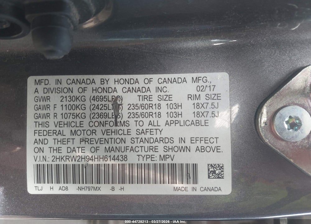 2017 HONDA CR-V TOURING VIN: 2HKRW2H94HH614438
