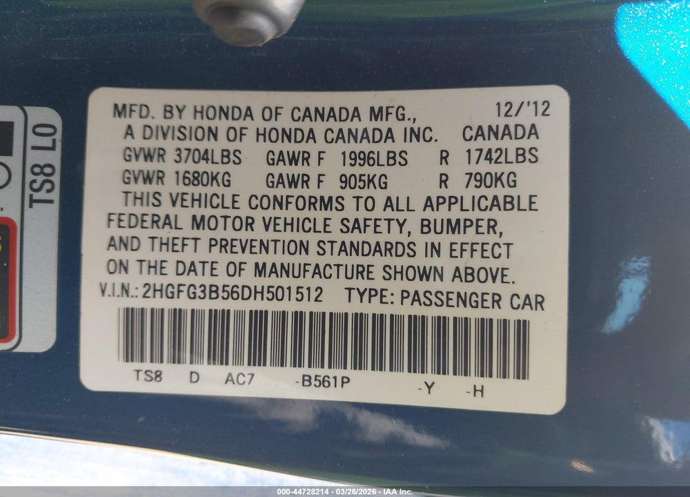 2013 HONDA CIVIC LX VIN: 2HGFG3B56DH501512