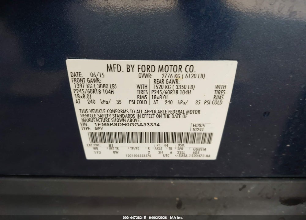 2016 FORD EXPLORER XLT VIN: 1FM5K8DH0GGA33334
