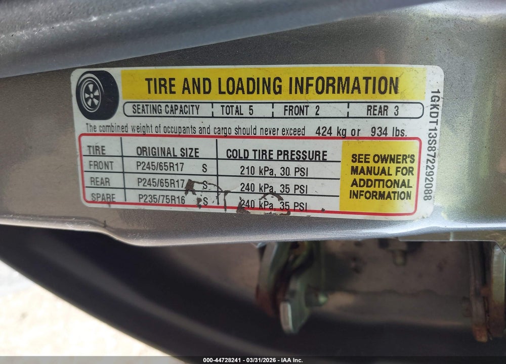 2007 GMC ENVOY SLE VIN: 1GKDT13S872292088