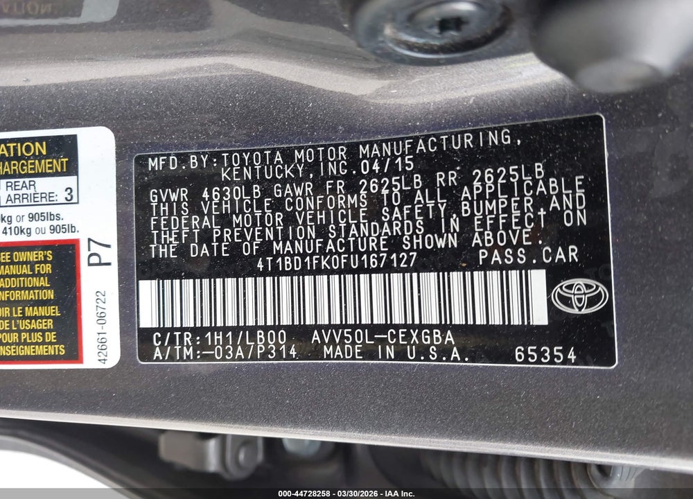 2015 TOYOTA CAMRY HYBRID XLE VIN: 4T1BD1FK0FU167127