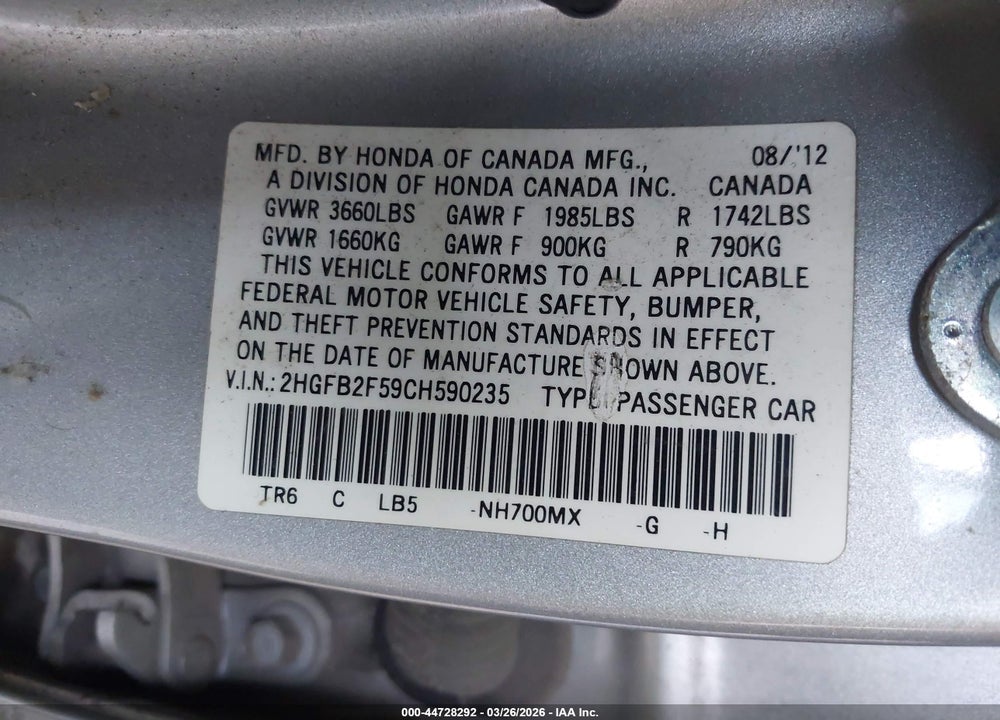 2012 HONDA CIVIC LX VIN: 2HGFB2F59CH590235