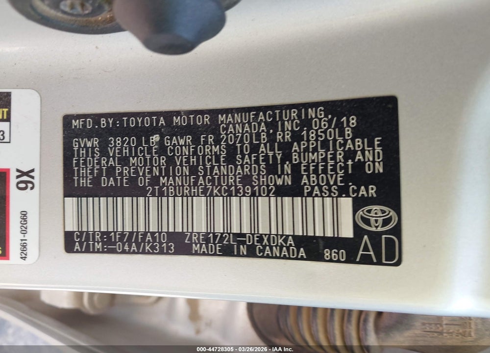 2019 TOYOTA COROLLA VIN: 2T1BURHE7KC139102