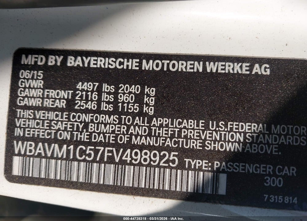 2015 BMW X1 SDRIVE28I VIN: WBAVM1C57FV498925