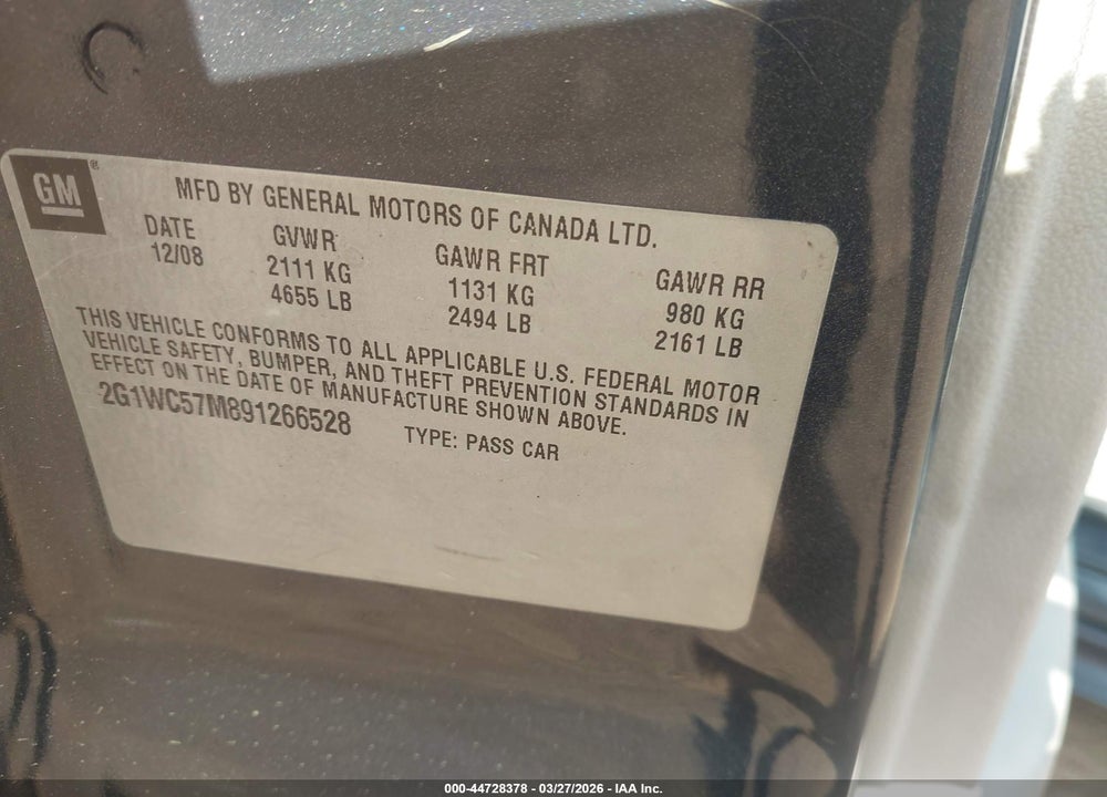 2009 CHEVROLET IMPALA LT VIN: 2G1WC57M891266528