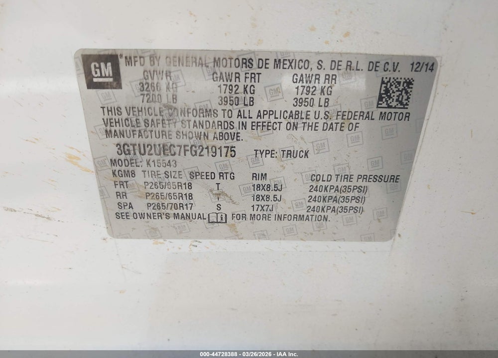 2015 GMC SIERRA K15 VIN: 3GTU2UEC7FG219175
