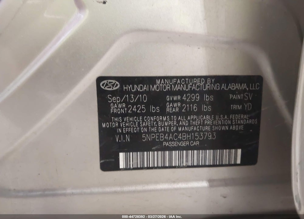 2011 HYUNDAI SONATA VIN: 5NPEB4AC4BH153793