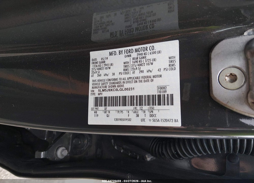 2020 LINCOLN AVIATOR BLACK LABEL VIN: 5LM5J9XC0LGL00231