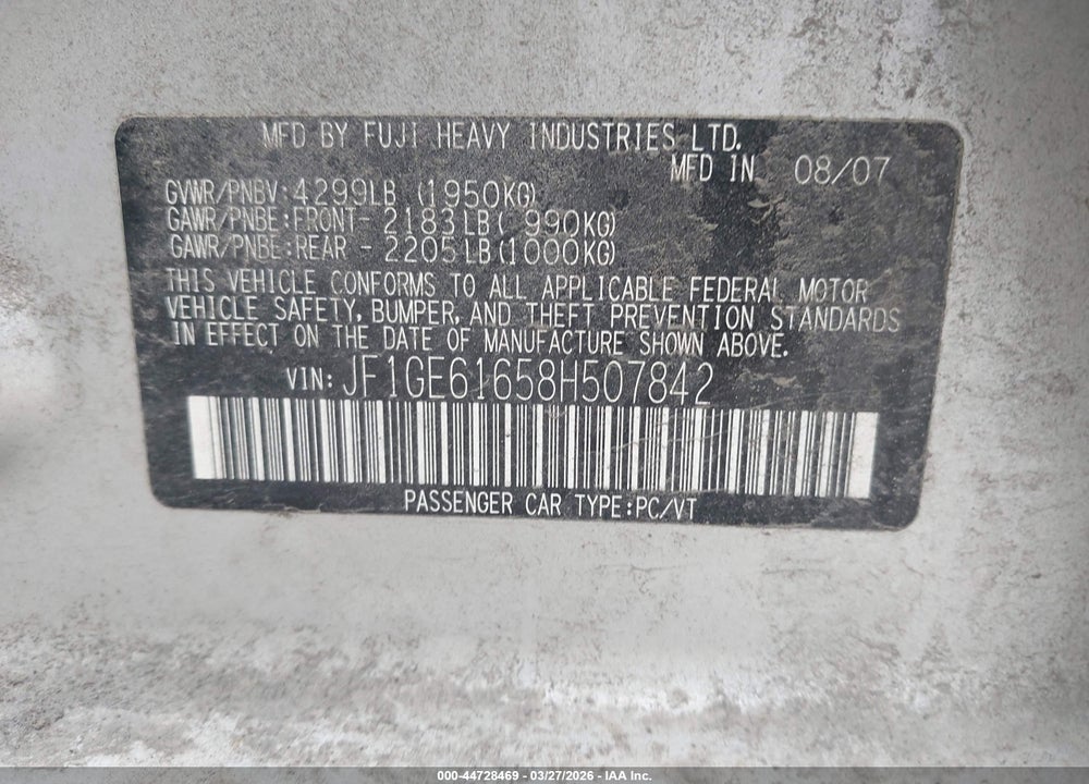 2008 SUBARU IMPREZA 2.5I VIN: JF1GE61658H507842