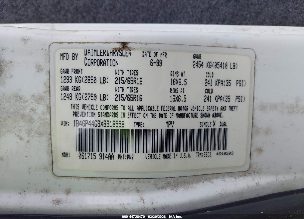 1999 DODGE GRAND CARAVAN SE VIN: 1B4GP44G9XB918558