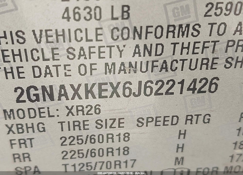 2018 CHEVROLET EQUINOX LT VIN: 2GNAXKEX6J6221426