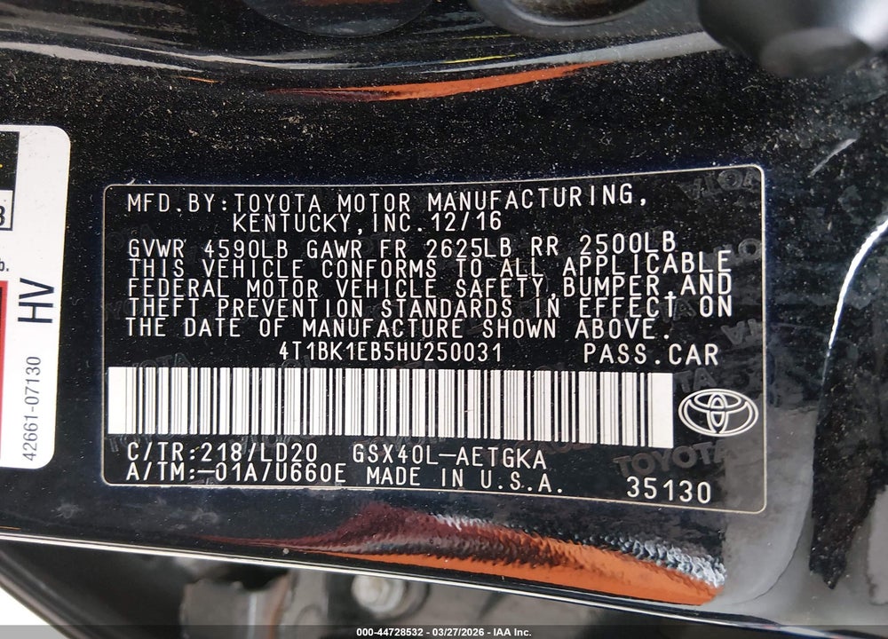 2017 TOYOTA AVALON XLE VIN: 4T1BK1EB5HU250031