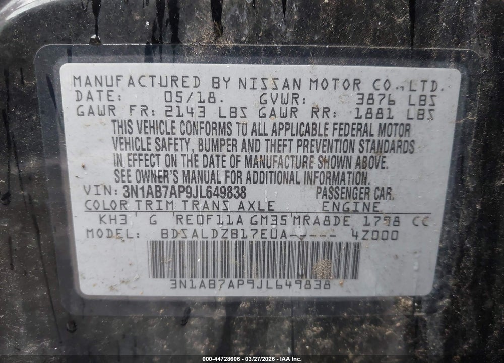 2018 NISSAN SENTRA SV VIN: 3N1AB7AP9JL649838