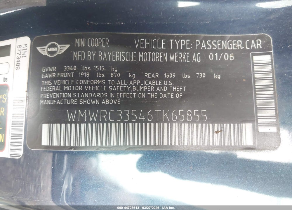 2006 MINI COOPER VIN: WMWRC33546TK65855
