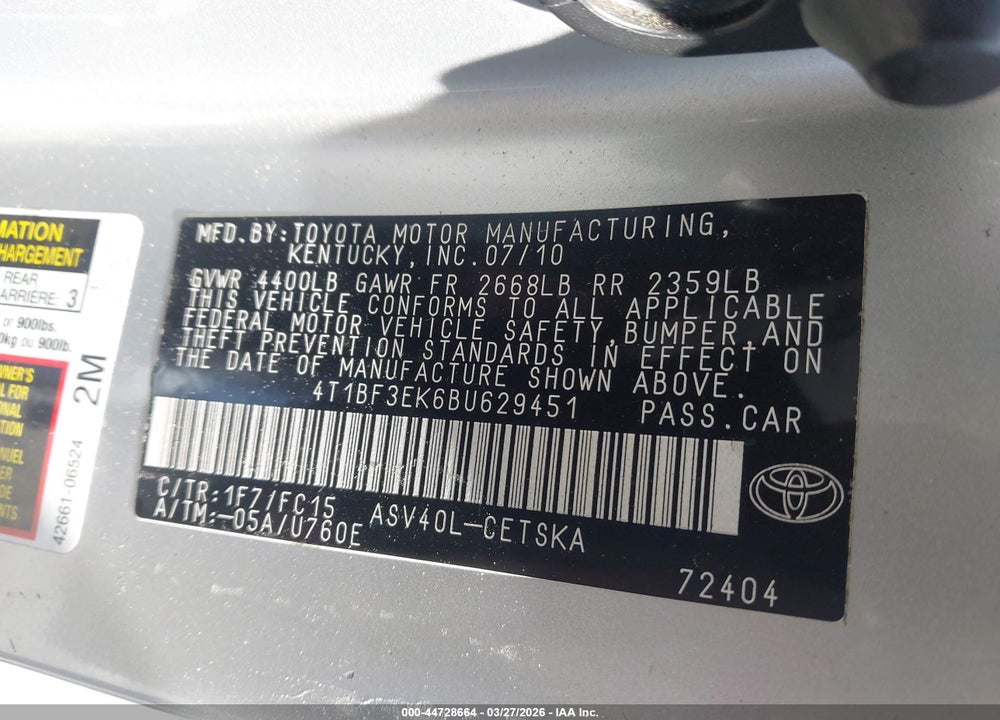2011 TOYOTA CAMRY SE VIN: 4T1BF3EK6BU629451