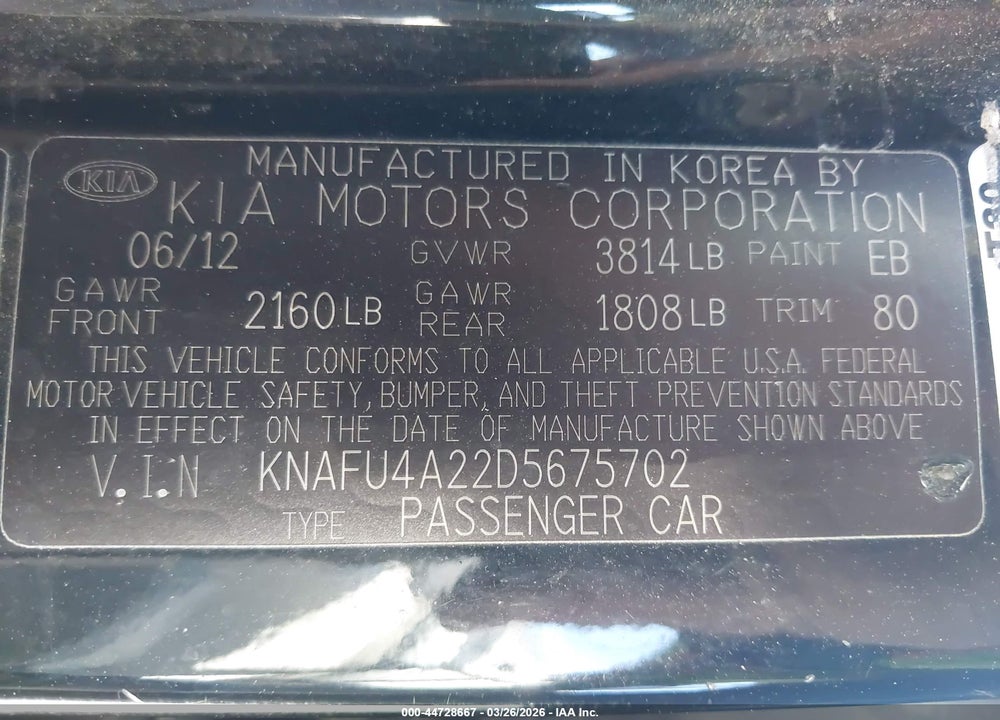 2013 KIA FORTE EX VIN: KNAFU4A22D5675702