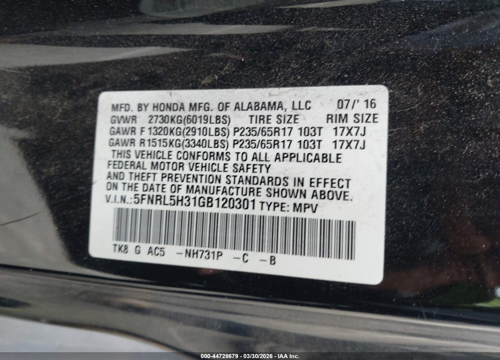 2016 HONDA ODYSSEY SE VIN: 5FNRL5H31GB120301