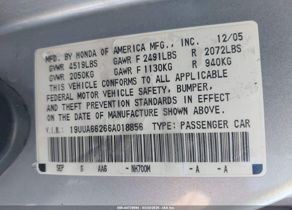 2006 ACURA TL VIN: 19UUA66266A018856
