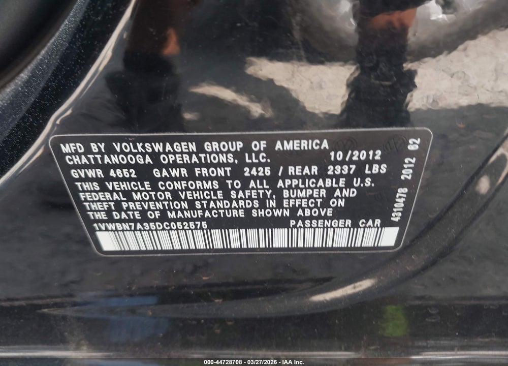 2013 VOLKSWAGEN PASSAT 2.0L TDI SE VIN: 1VWBN7A35DC052575
