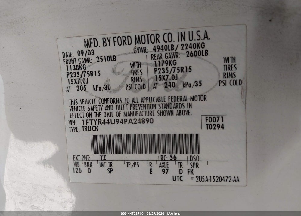 2004 FORD RANGER EDGE/TREMOR/XLT VIN: 1FTYR44U94PA24890
