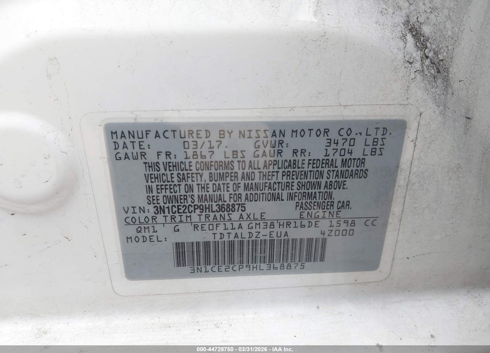 2017 NISSAN VERSA NOTE SV VIN: 3N1CE2CP9HL368875