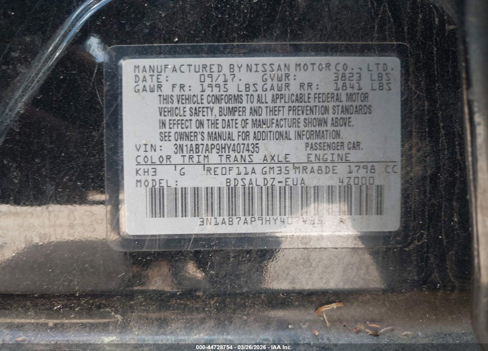 2017 NISSAN SENTRA SV VIN: 3N1AB7AP9HY407435